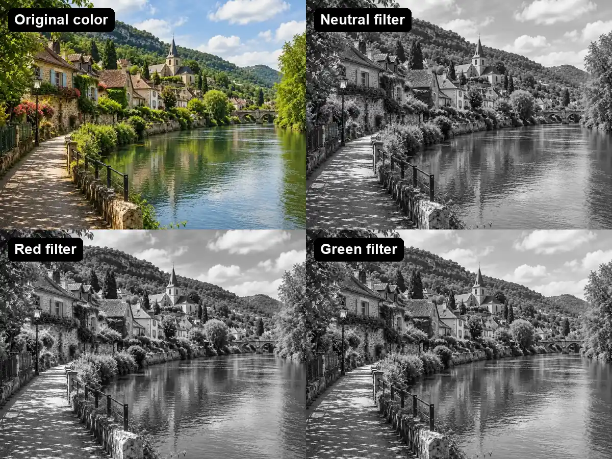 The same landscape in color and converted to black and white with neutral, red, and green filters