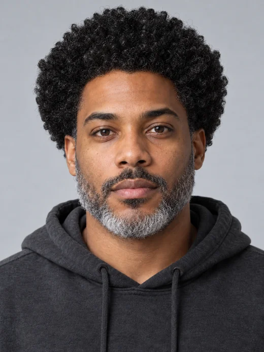 Drag to compare a grey afro with the same man in jet black (after)