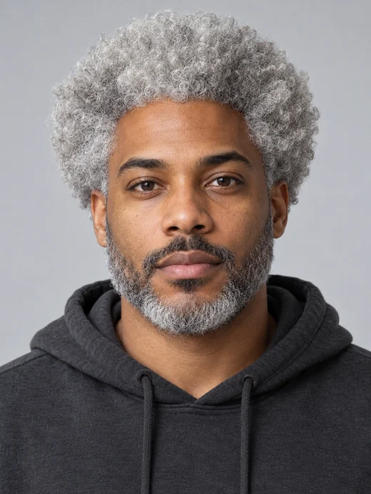 Drag to compare a grey afro with the same man in jet black (before)