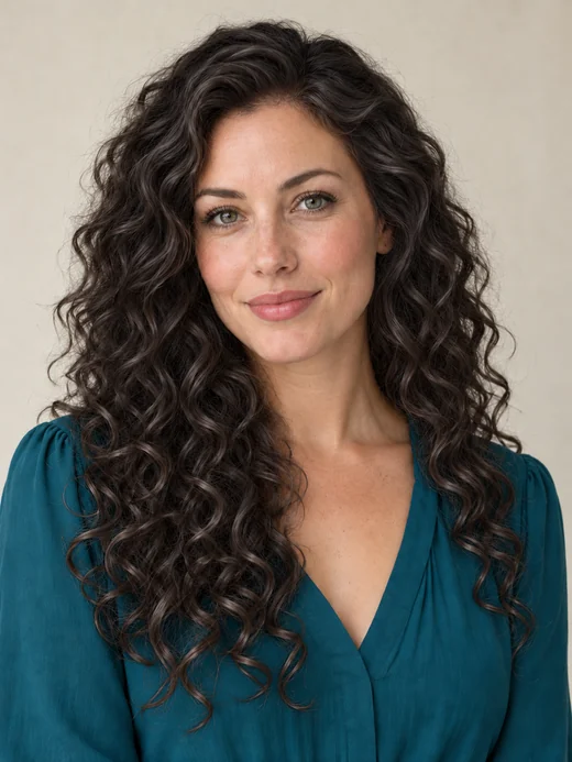 Drag to compare grey curls with the same woman in soft black (after)