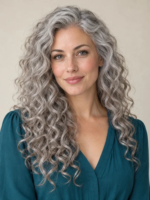 Drag to compare grey curls with the same woman in soft black (before)