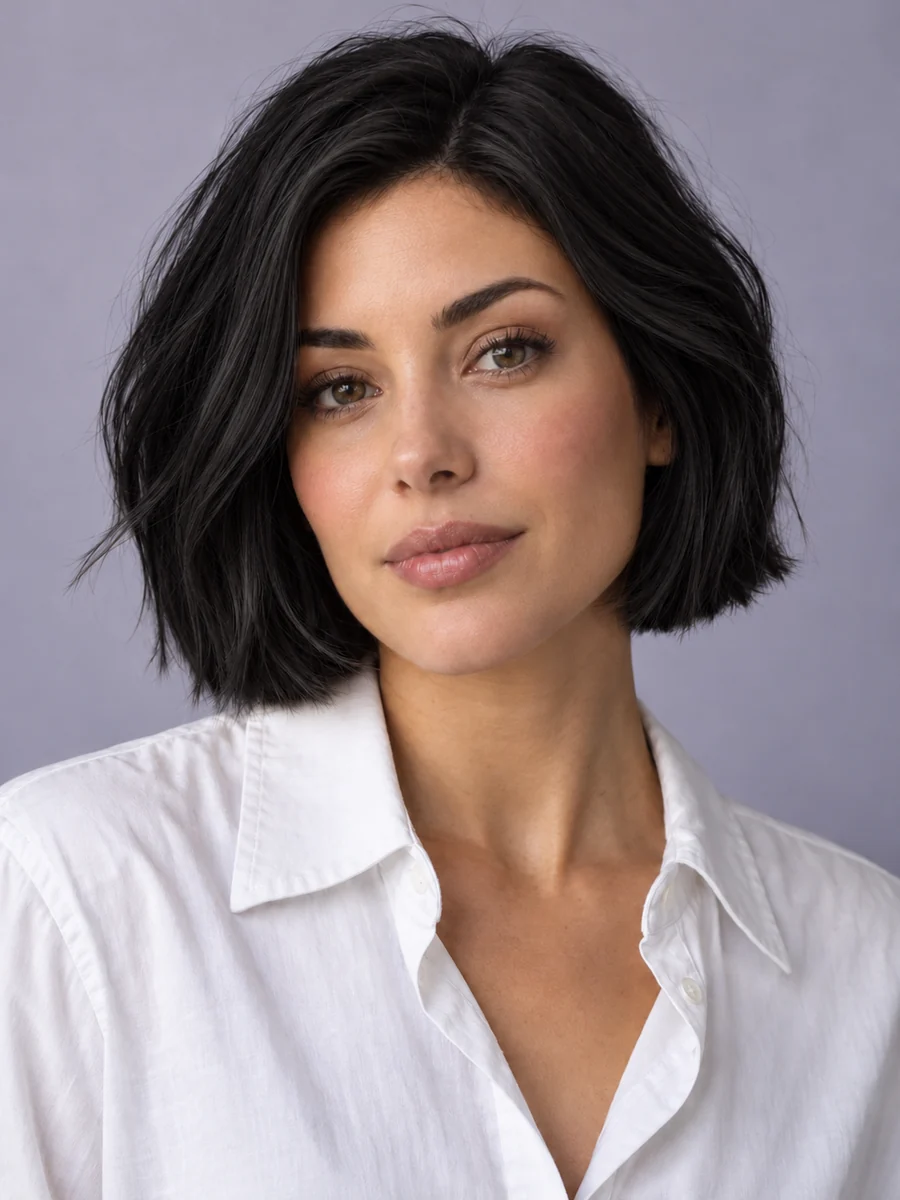 Drag to compare a highlighted bob with the same woman in jet black (after)