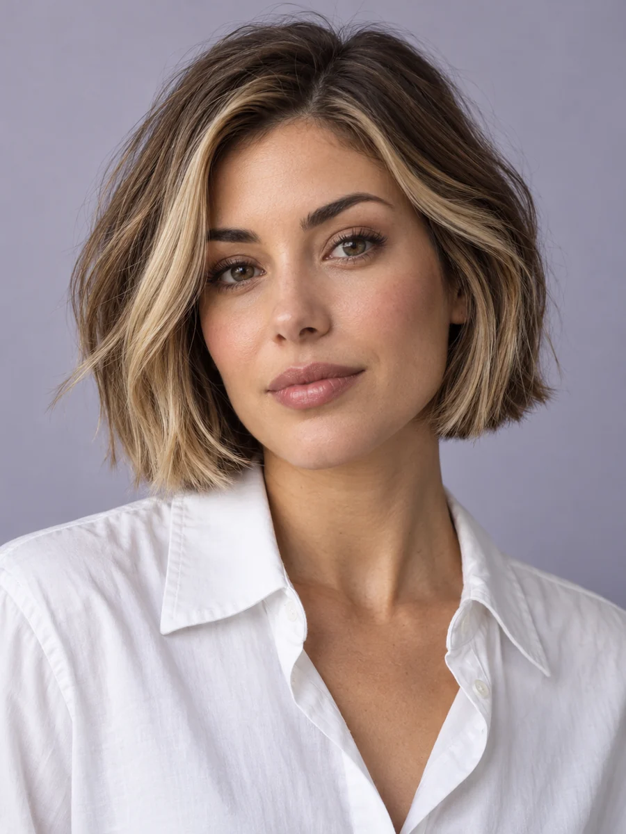 Drag to compare a highlighted bob with the same woman in jet black (before)