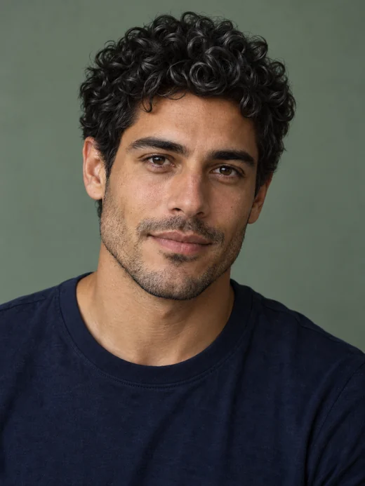Drag to compare white curly hair with the same man in jet black (after)