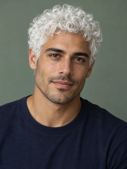 Drag to compare white curly hair with the same man in jet black (before)