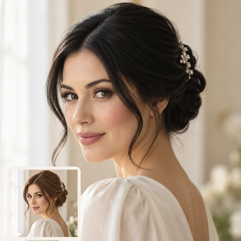 A woman with a black updo and a jeweled hair clip, with an inset of her original light brown hair