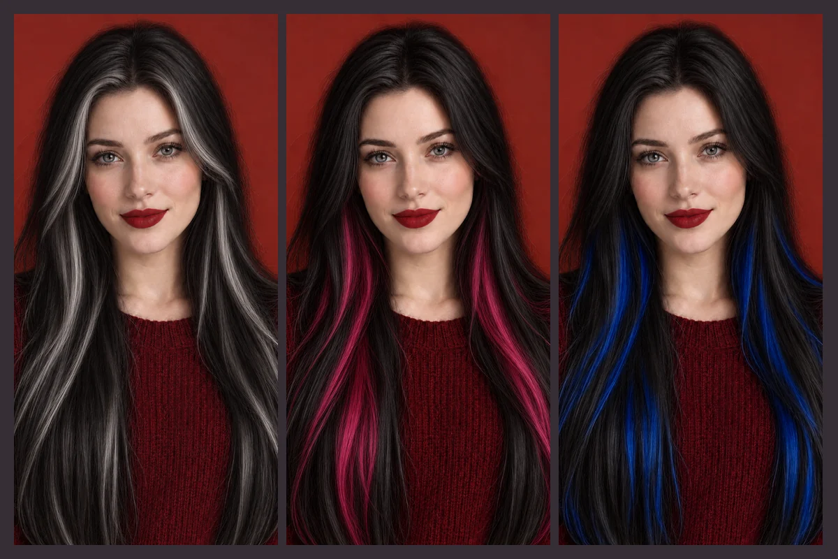 The same woman with black hair and silver, pink, and blue streaks