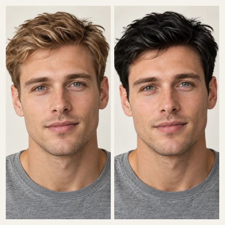 A blond man shown again with short black hair