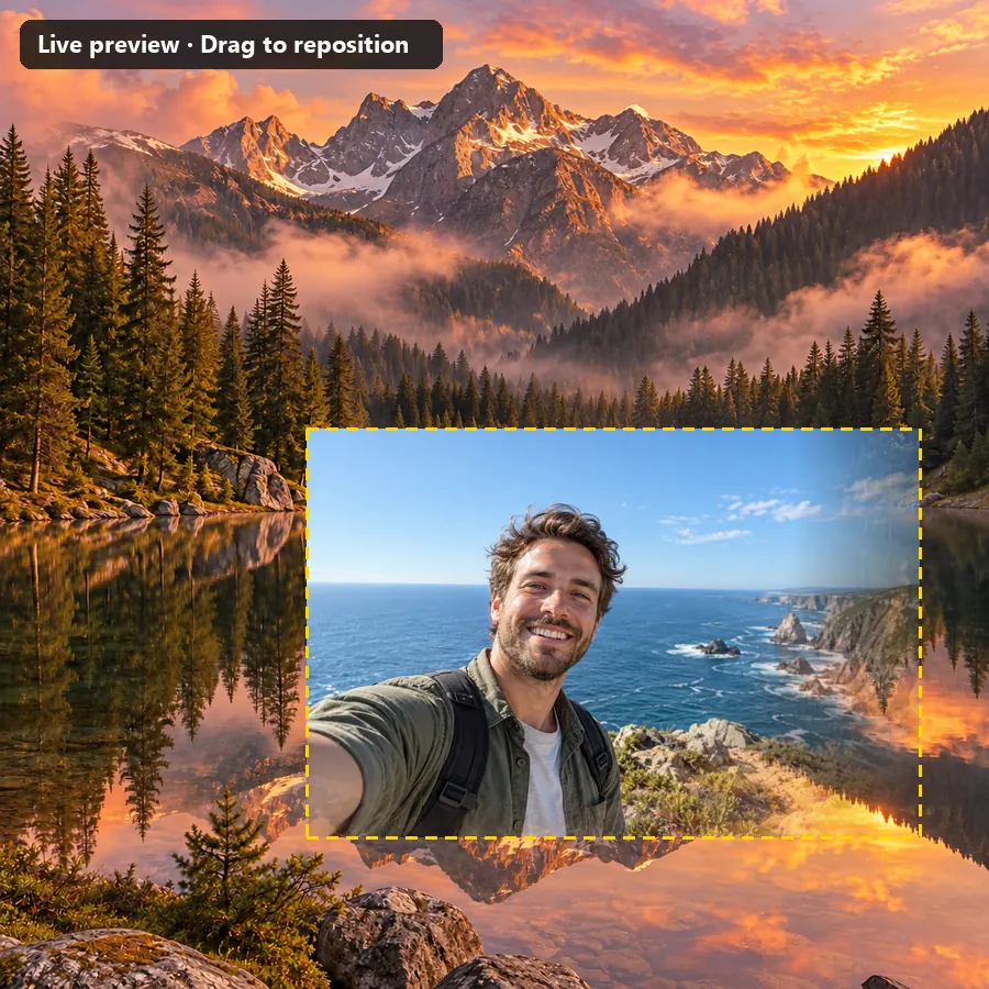 Live preview with a smaller selfie layer placed over a sunset riverside, outlined for dragging
