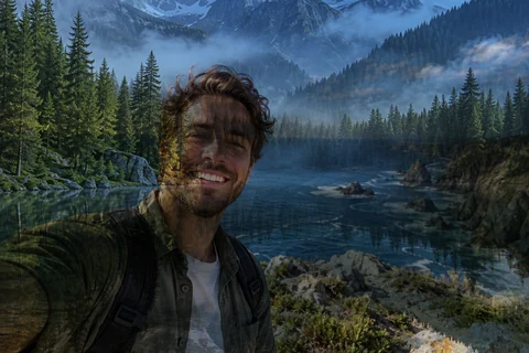 Multiply blend: the riverside appears in the bright sky of the selfie