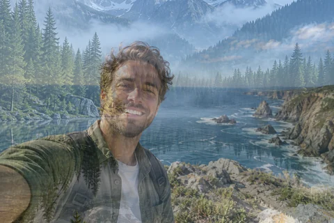 Selfie and riverside blended in Normal mode at 50% opacity
