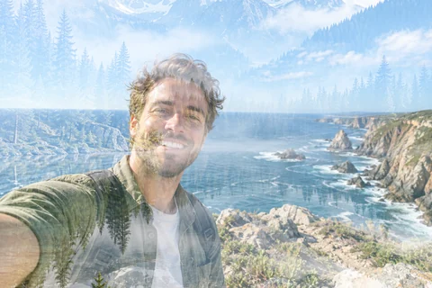 Screen blend: a bright, airy mix of the selfie and the riverside