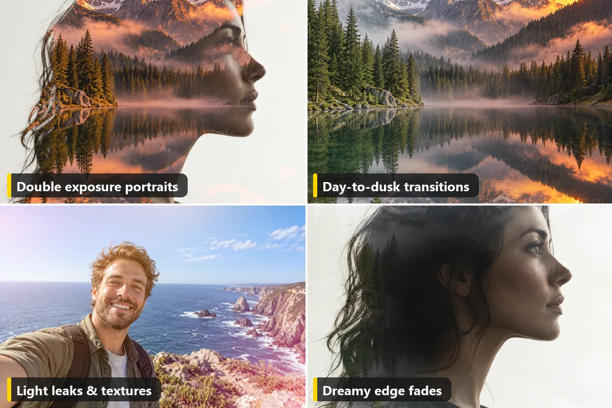 Four blend ideas: double exposure portrait, day-to-dusk transition, light leak, and dreamy edge fade