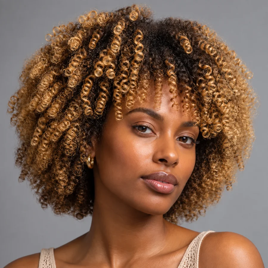 Woman with voluminous curly coils in dark-rooted blonde