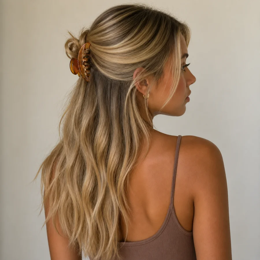 Woman seen from the side with a half-up claw-clip style in beige blonde