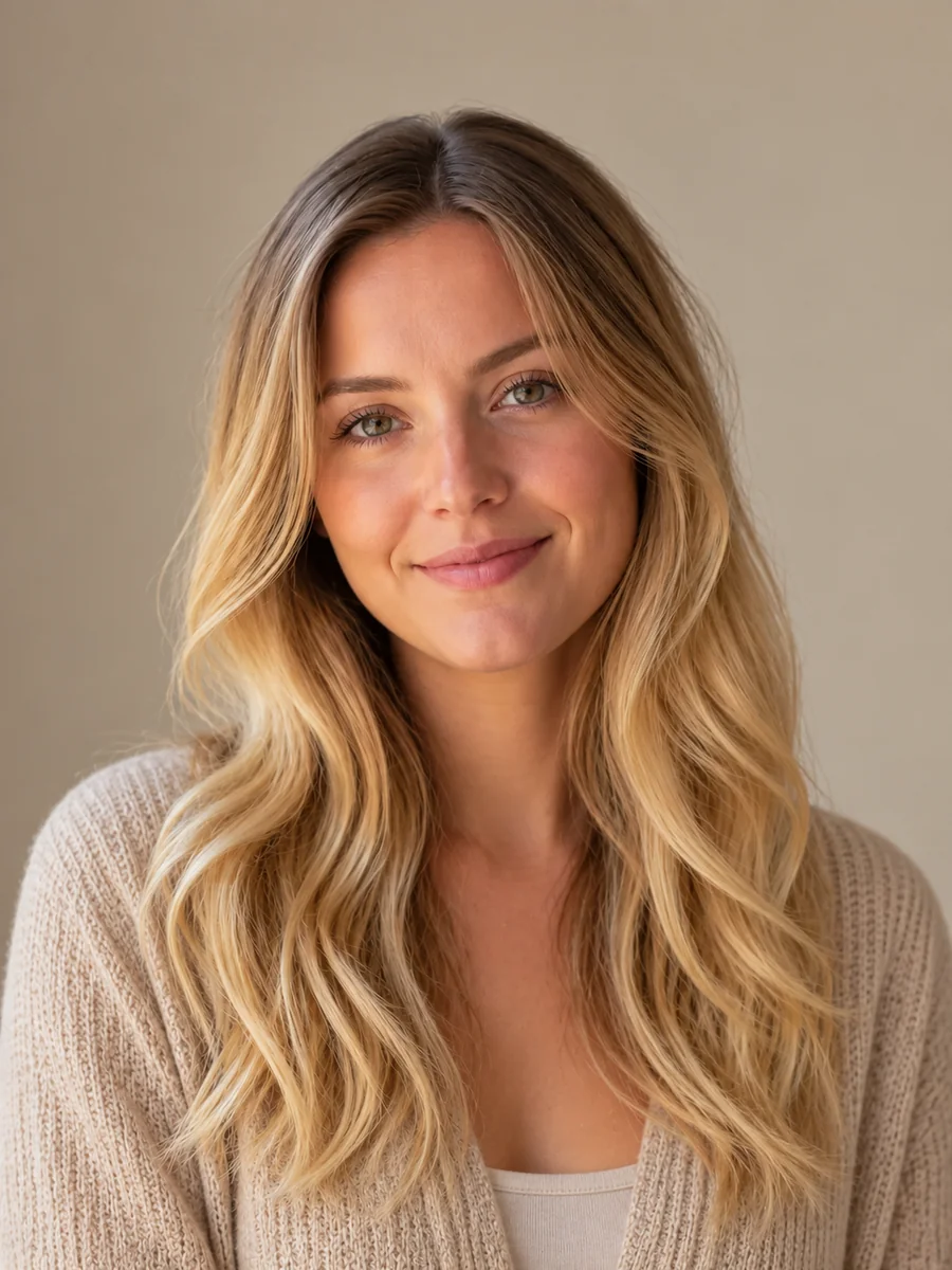 Woman with long, loose waves in a soft golden blonde