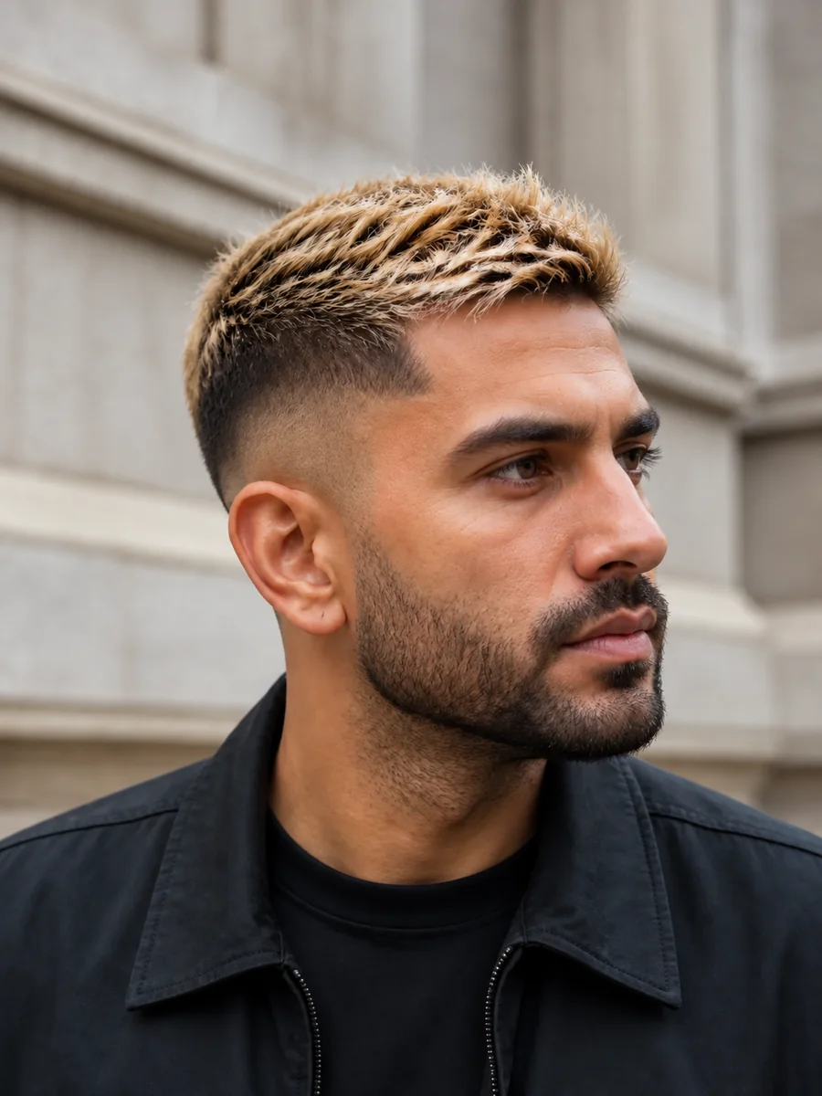 Bearded man with a skin fade and spiky bleached blonde top