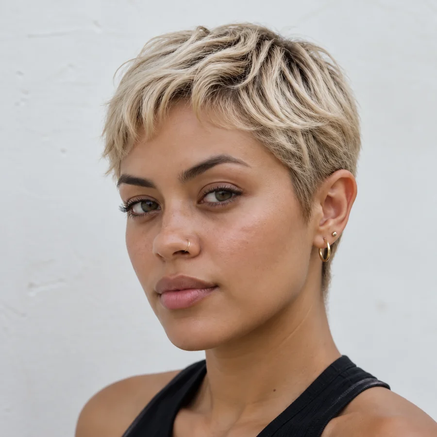 Woman with a short textured pixie crop in bleached blonde