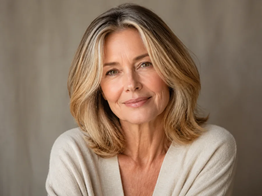 Older woman with shoulder-length hair in a soft blonde that blends grey strands