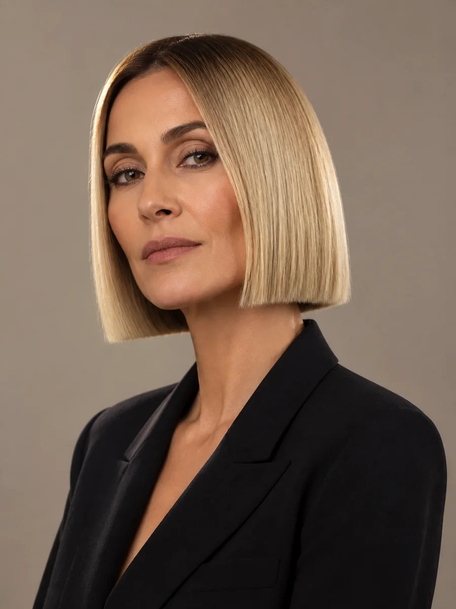 Woman with a sleek blunt bob in buttery blonde with a shadow root