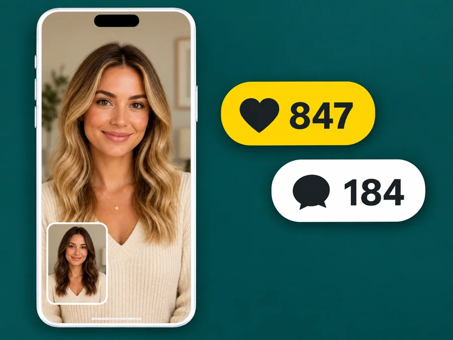 Phone showing a blonde reveal story post with the original brunette photo inset and many likes