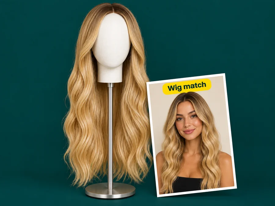 A long golden blonde wig on a stand next to a photo of a woman previewing the same blonde