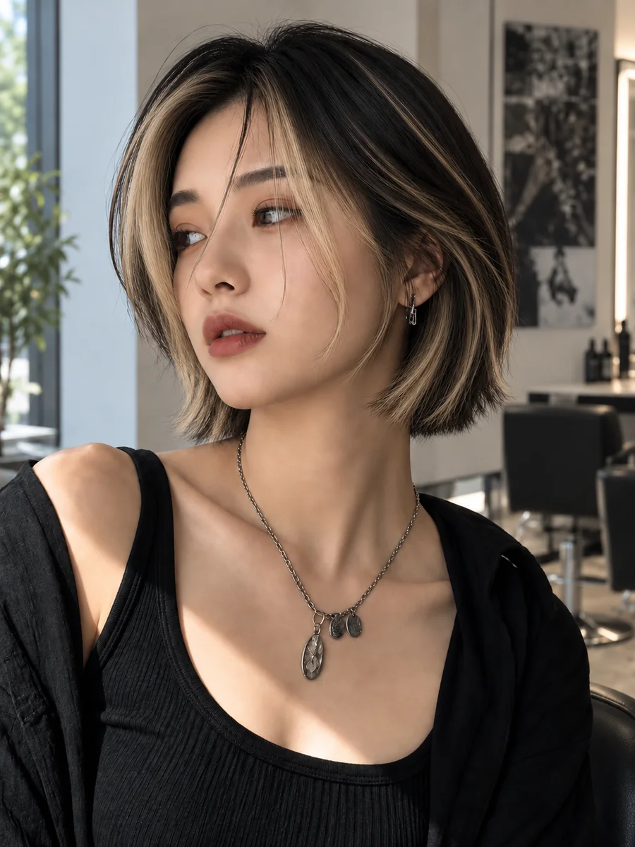 Woman with a black bob and blonde face-framing highlights