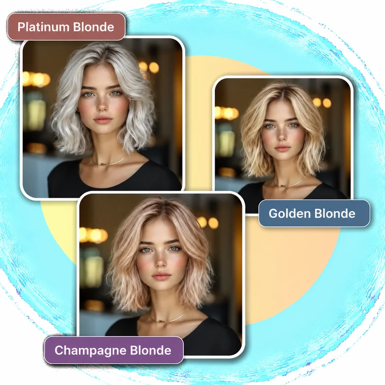 The same woman with a wavy bob in platinum, golden, and champagne blonde