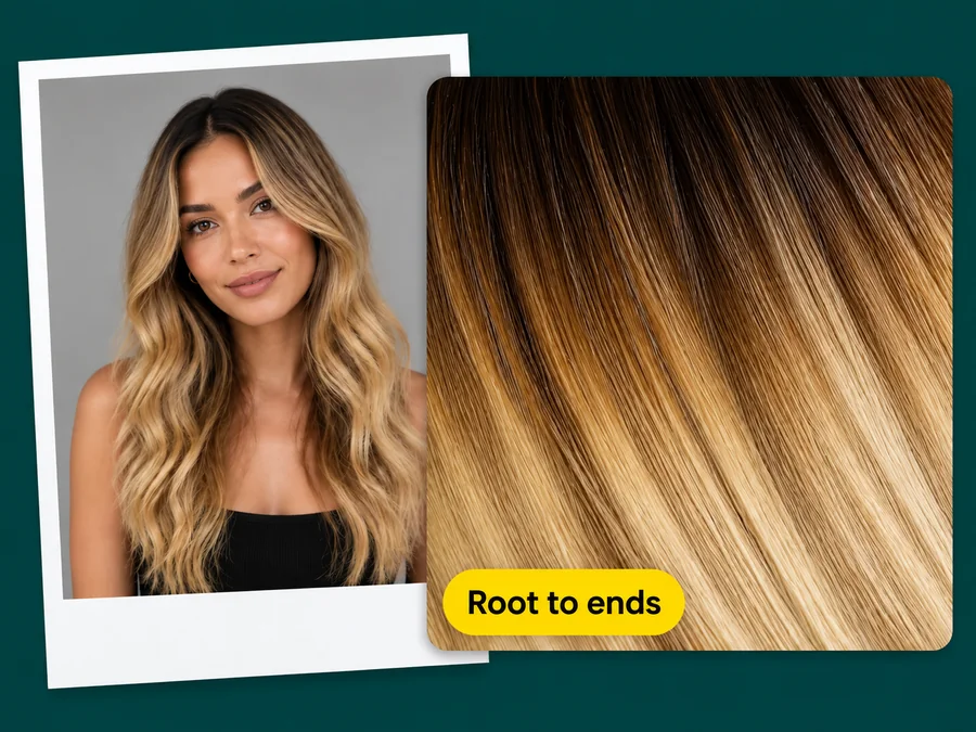 Golden blonde portrait next to a macro of the hair fading from darker roots to light ends