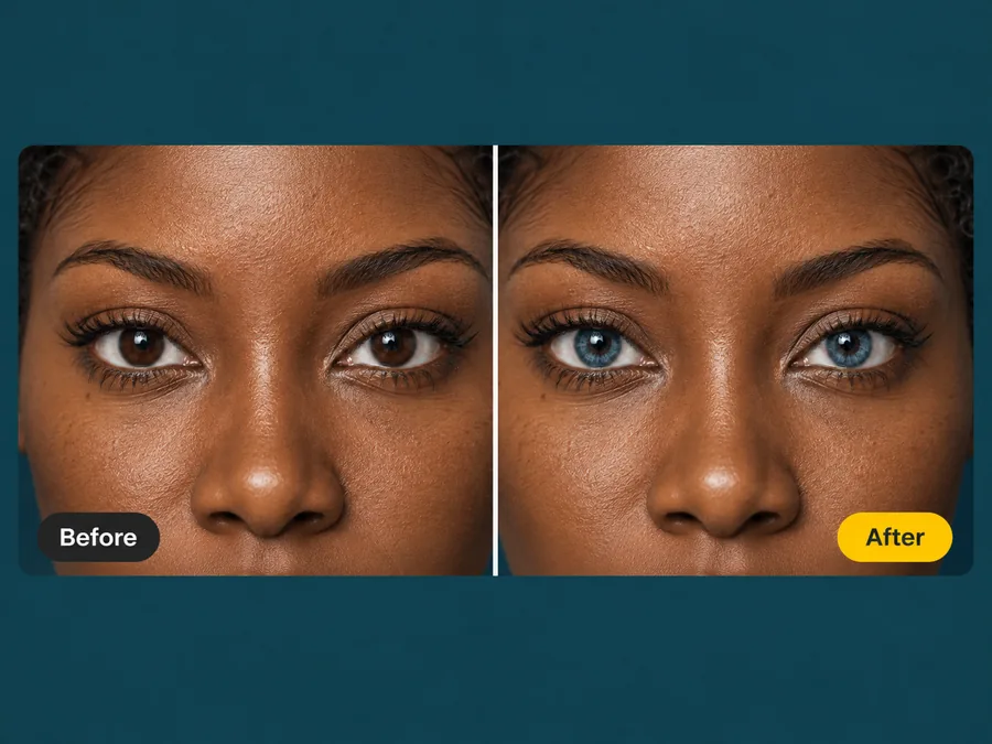 Before and after: dark brown eyes turned blue with natural iris texture