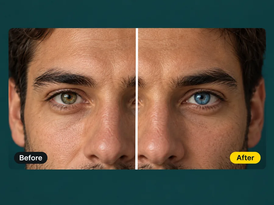 Before and after: hazel eyes recolored to a vivid blue