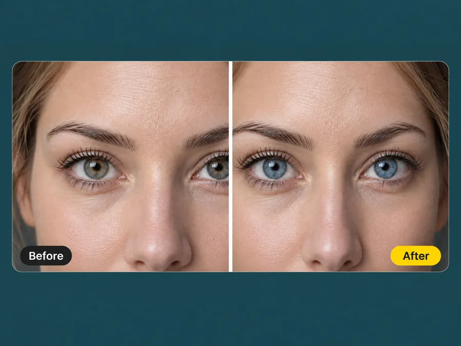 Before and after: pale gray-blue eyes restored to a saturated blue