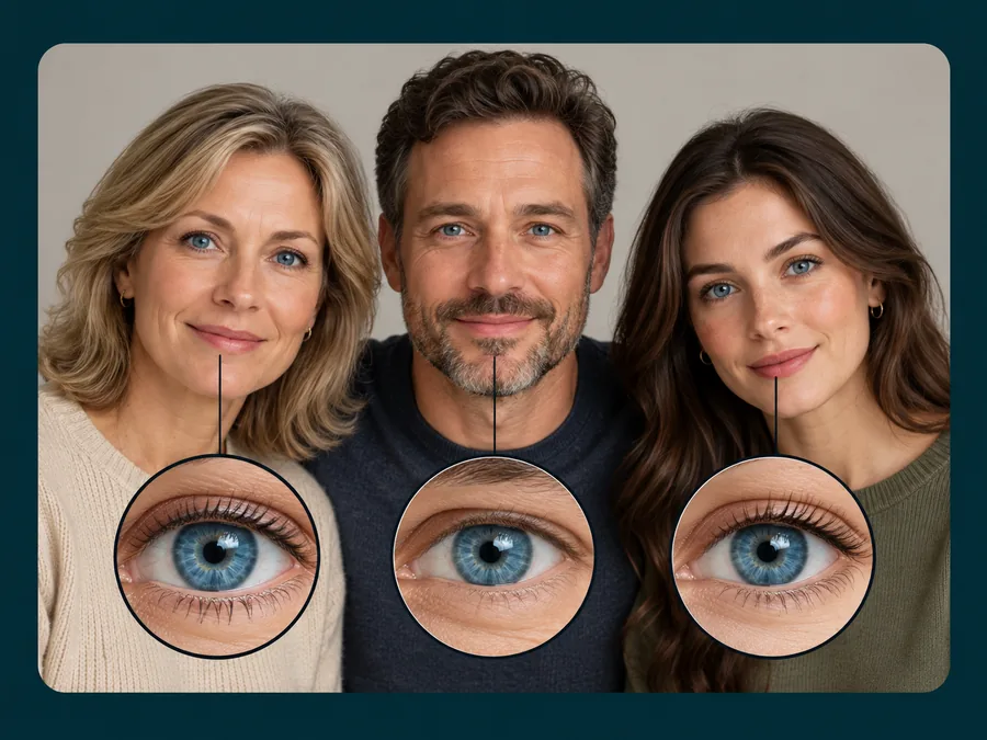 Family photo of three people with all three pairs of eyes recolored blue