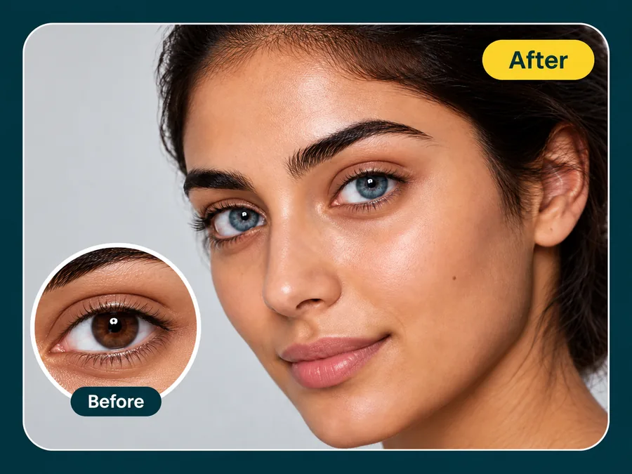 Woman previewing blue contact lenses, with an inset of her original brown eye