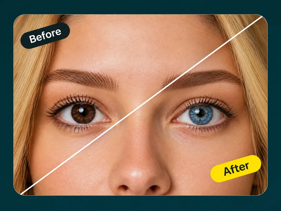 Blonde woman shown before and after with brown eyes changed to blue