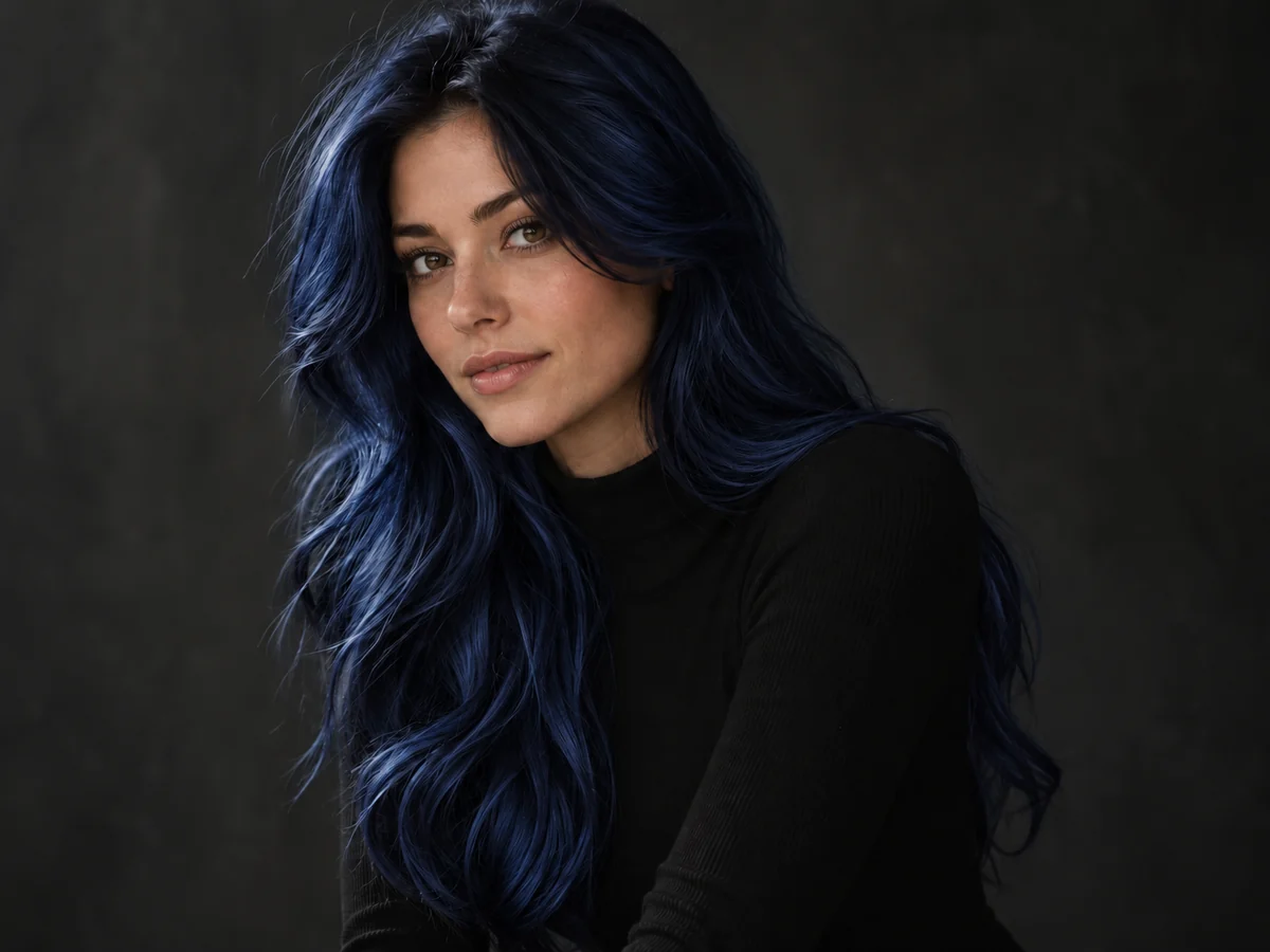 Drag to compare dark brown waves with the same photo in navy blue (after)