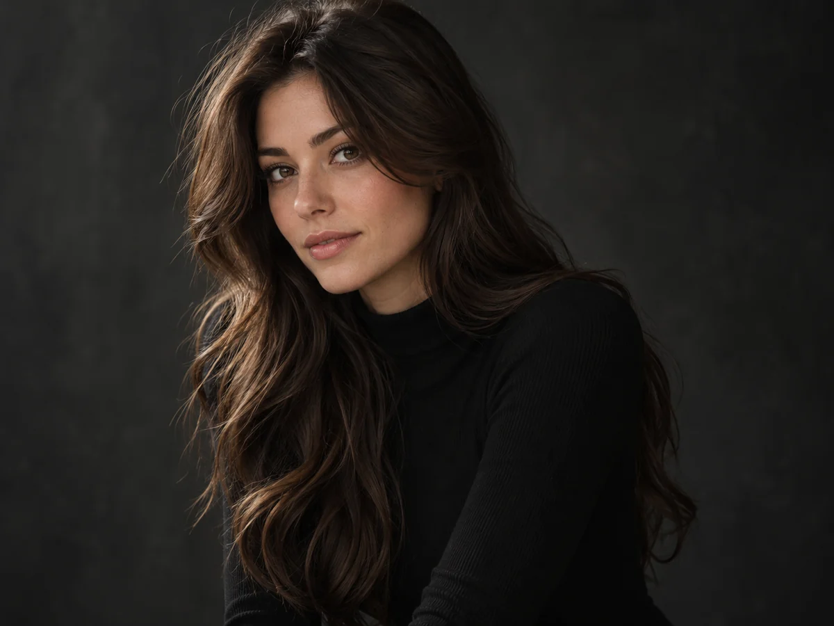 Drag to compare dark brown waves with the same photo in navy blue (before)