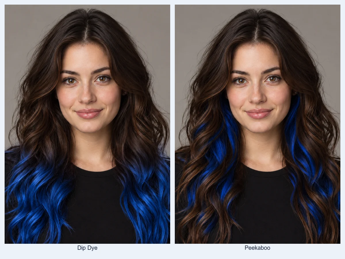 The same woman with blue dip-dyed ends and with a blue peekaboo underlayer