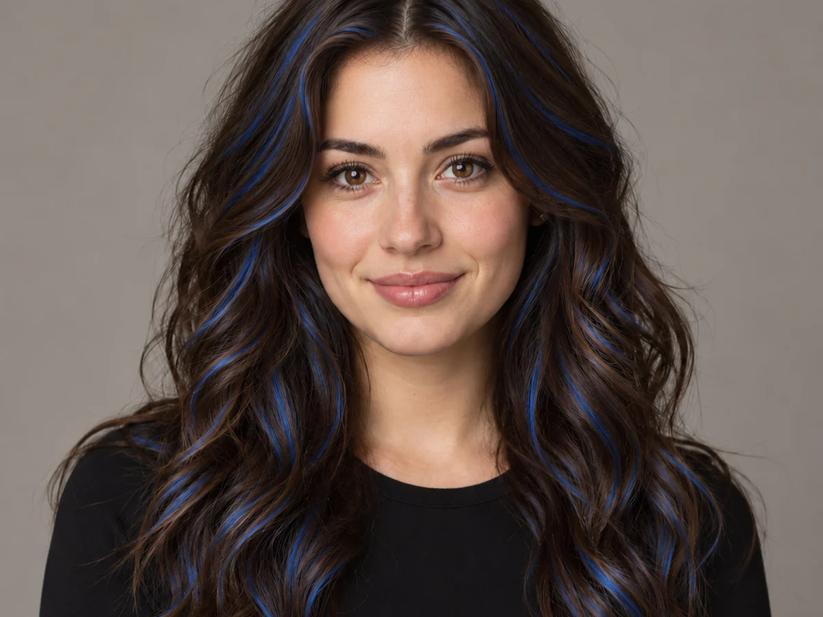 Drag to compare brown waves with the same hair after adding blue highlights (after)