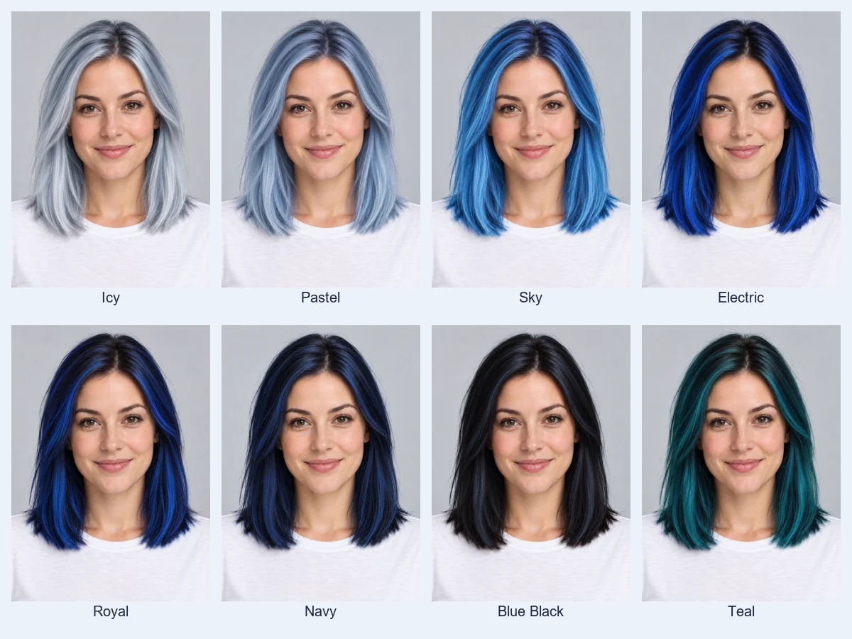 One woman shown in eight blue hair colors, from icy blue to teal