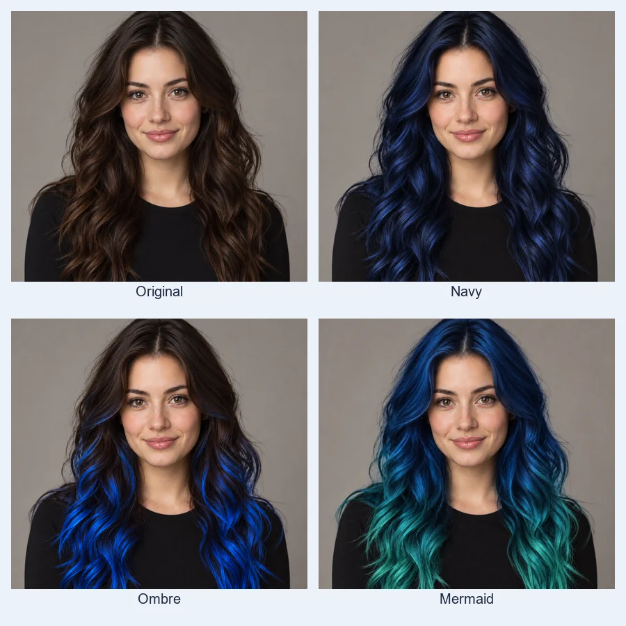 A woman with brown hair shown in navy blue, blue ombré, and mermaid teal
