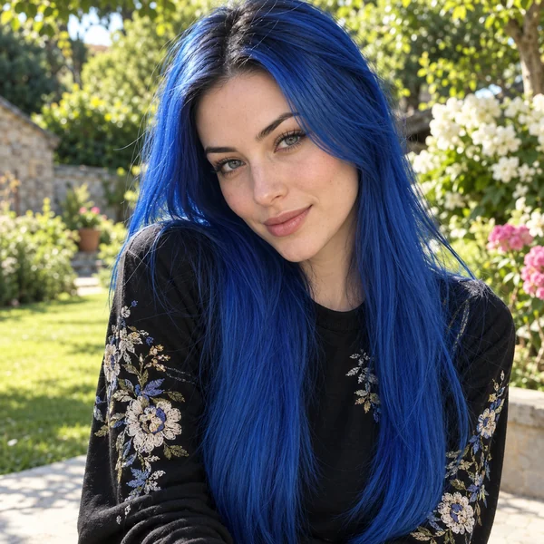 Woman with long, straight cobalt blue hair in a garden