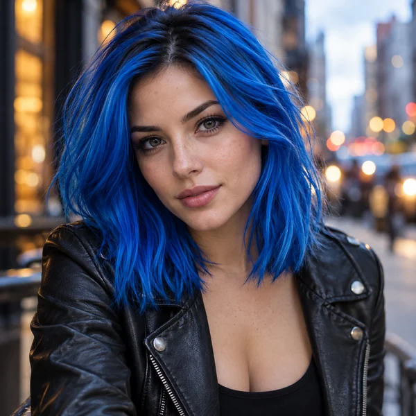 Woman on a city street with a shoulder-length electric blue lob