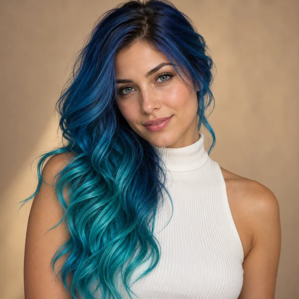 Woman with long mermaid teal hair over one shoulder