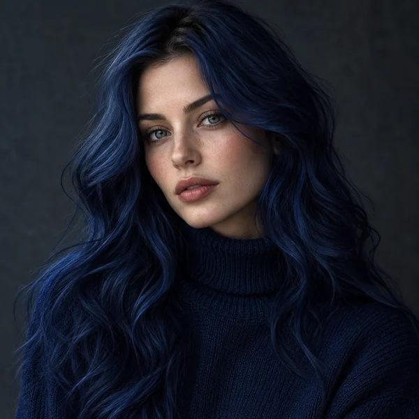 Woman in a navy dress with long navy blue waves