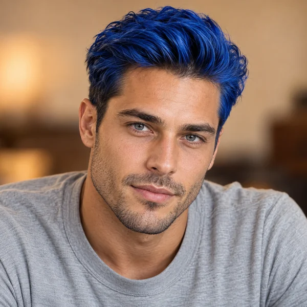 Man with a swept-back royal blue quiff