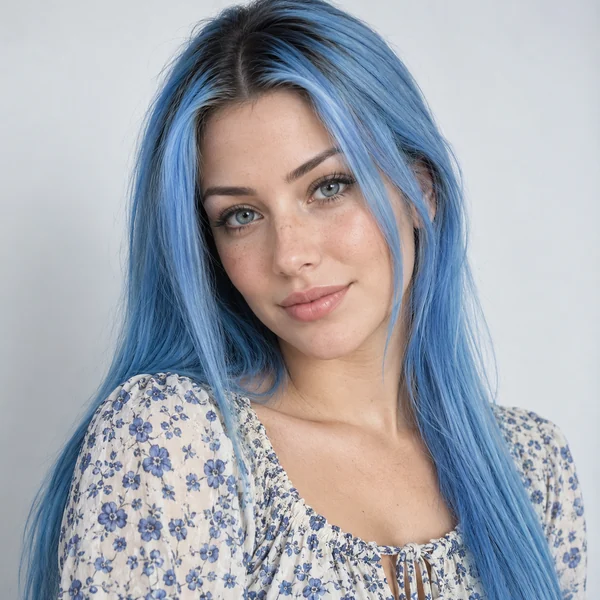 Woman with long sky blue hair and a patterned top