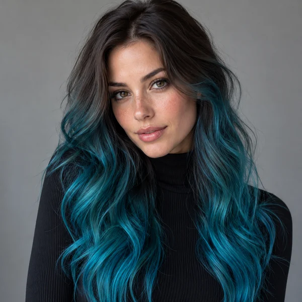 Woman with dark roots melting into teal blue ends