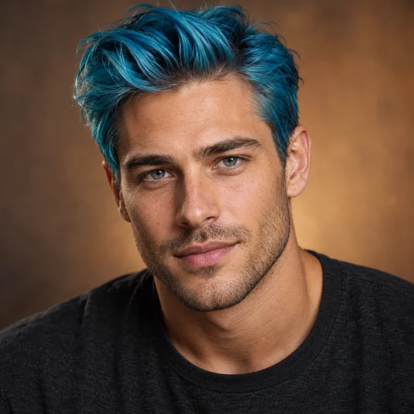 Man with a short turquoise blue quiff and an open shirt