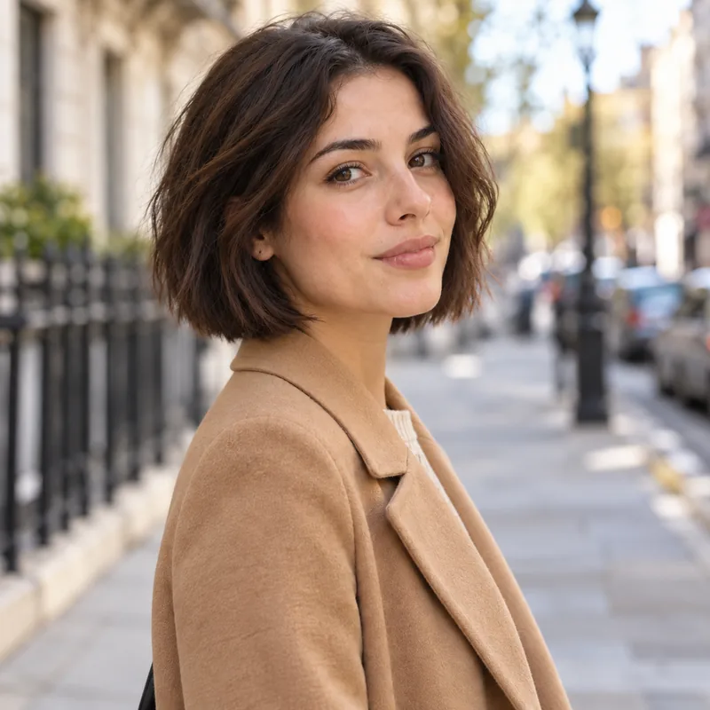 Drag to compare long curly hair with the same woman wearing a short bob (after)